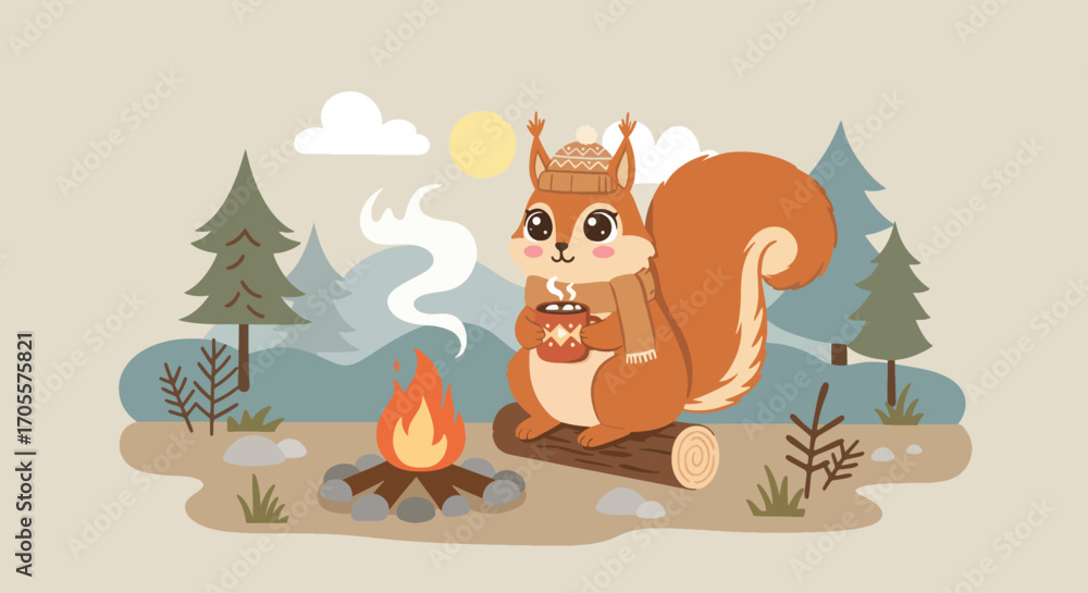 Fototapeta premium Adorable Cartoon Squirrel Enjoying Hot Drink by Campfire in Forest
