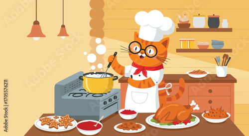 Cartoon Orange Cat Chef Cooking with Whisk in Kitchen Setting