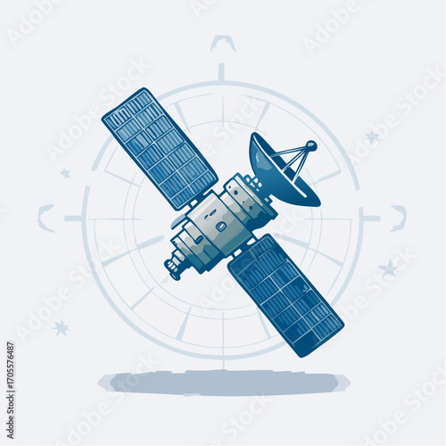 Illustrative depiction of a sophisticated satellite orbiting within a celestial navigation compass