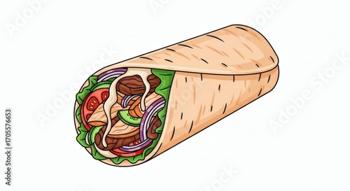 Vector illustration of a delicious shawarma wrap with grilled meat and fresh vegetables isolated on a white background