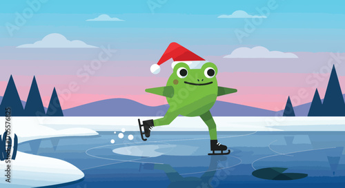 Festive Green Frog Ice Skating with Santa Hat, Winter Fun