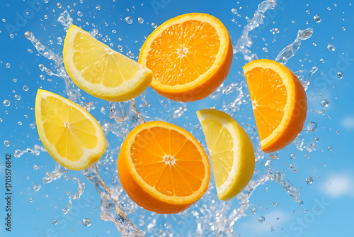 Floating Citrus Slices of Orange and Lemon on Blue Background