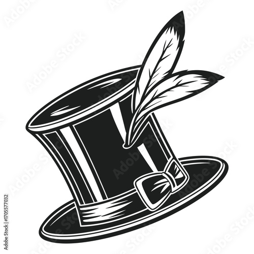 Black and white illustration of a tilted top hat adorned with two feathers and a bow tie vector