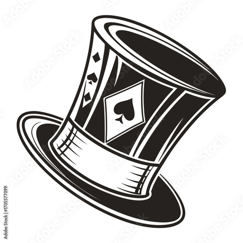 Black and white illustration of a top hat decorated with diamond and spade playing card symbols on a white background