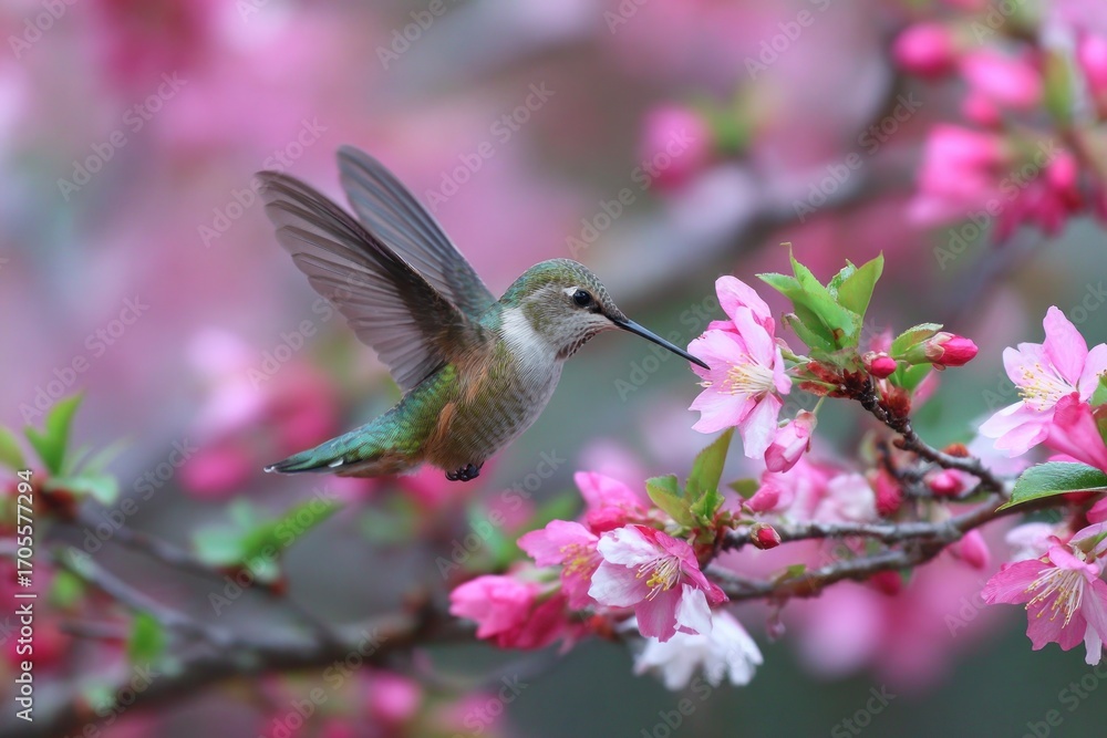 Naklejka premium Hummingbird gracefully hovers near vibrant pink cherry blossoms, its wings a blur of motion as it seeks nectar from the delicate petals