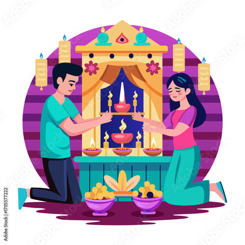 Flat style illustration showing hindu worship 