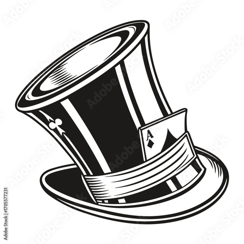 Black and white illustration of a top hat with an ace of diamonds playing card on a white background