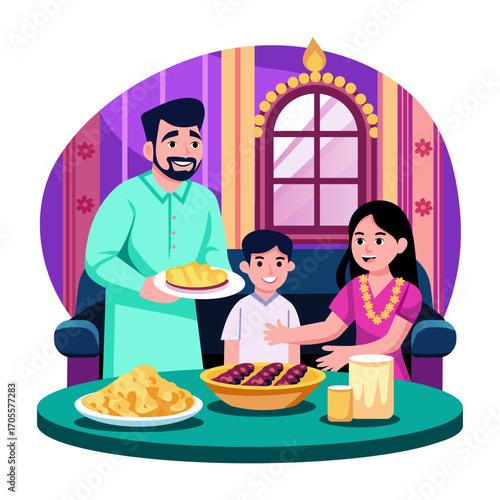 Flat style illustration depicting a diwali feast celebration