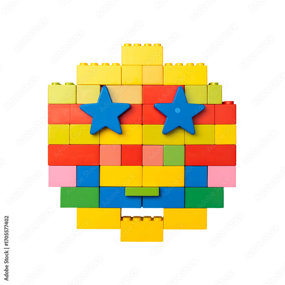 Fototapeta premium Colorful toy brick construction with blue stars and transparent background