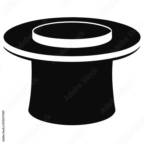 Black silhouette of a classic top hat with a white band around the crown and brim vector illustration