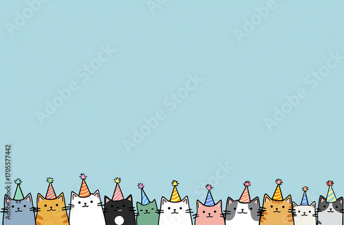 Adorable Cartoon Cats Wearing Party Hats on Bottom Border with Pastel Sky-Blue Background