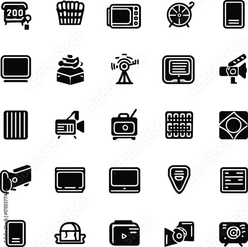 Media and Communication Technology Icon Grid — 5x5 Minimalist Line Set Featuring Screens, Cameras, Radios, Satellites, and Control Panels for Interface and Educational Design