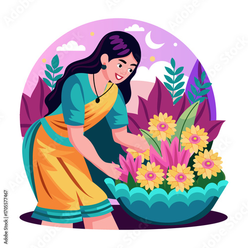 Flat style illustration showing a character picking flowers