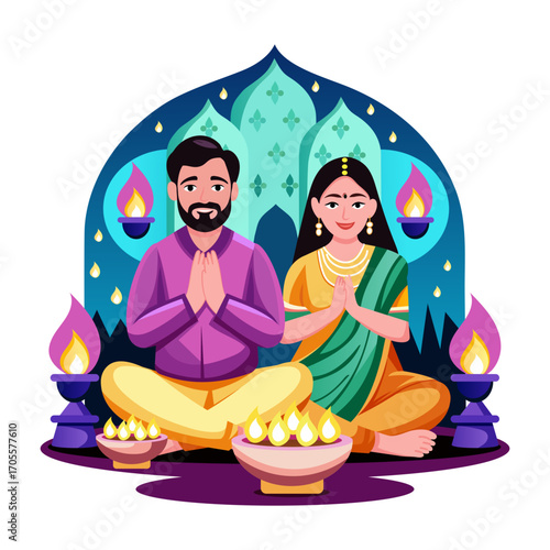 A flat style illustration showing diwali prayer event