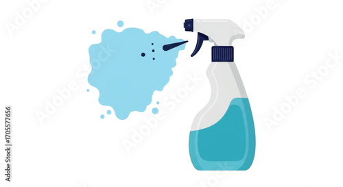 Spray bottle dispensing cleaning liquid.