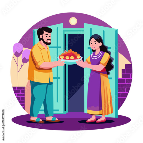 Flat illustration showing a character giving food 