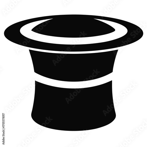 Black silhouette of a top hat with a smooth crown and a wide brim with a white ring detail white background