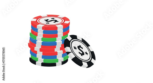 Stack of colorful casino poker chips with dollar signs.