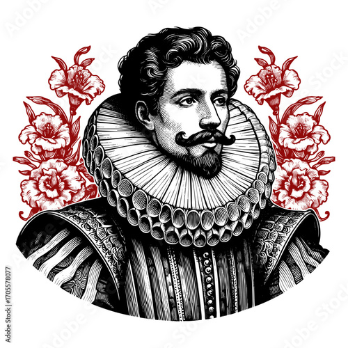 Renaissance nobleman in ornate clothing with a large ruff collar, framed by red flowers sketch engraving generative ai fictional character vector illustration. Scratch board. Black and white image.
