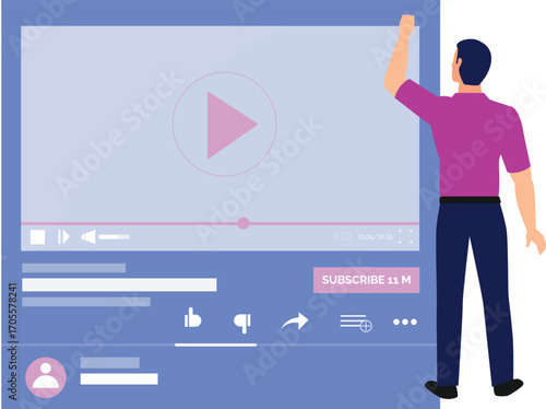 Man pointing at a video player displayed on a screen, indicating a specific feature or content.