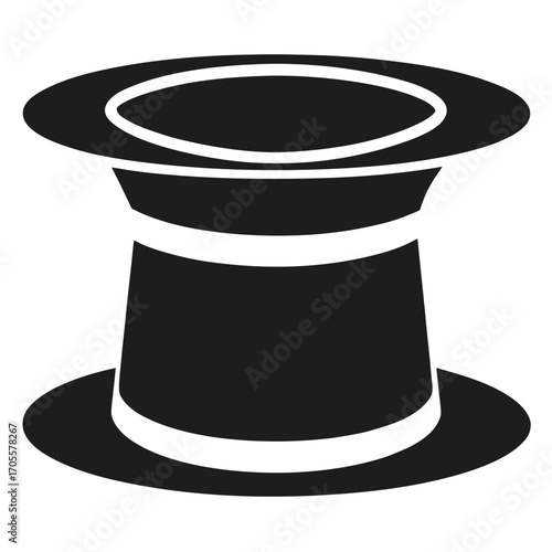 Black silhouette of a traditional top hat with a white band and brim detail vector illustration