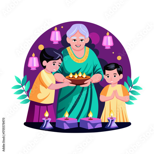 A flat style illustration showing diwali blessing 