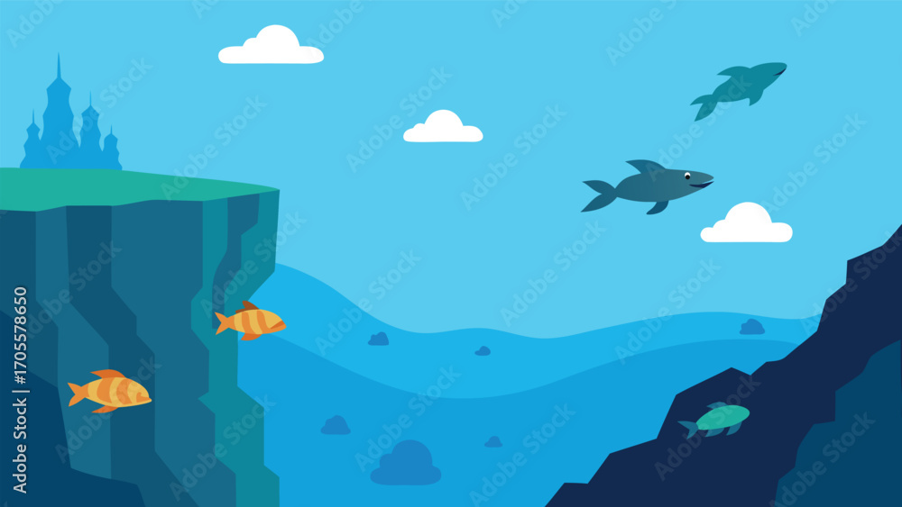 Obraz premium Breathtaking underwater cliffside scene with schools of fish and marine life vector illustration