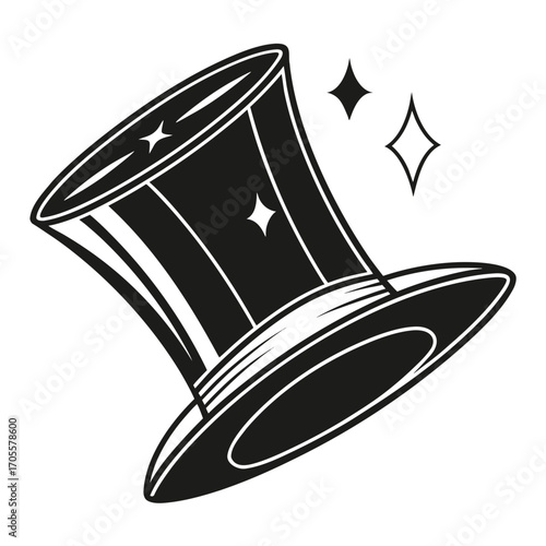 Black Top Hat with Sparkle Accents on White Background magic magician