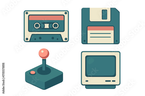 Collection of retro technology icons featuring a cassette tape, floppy disk, joystick, and vintage computer monitor
