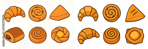 Golden brown pastries and baked goods including croissants, pain au chocolat, and sweet rolls