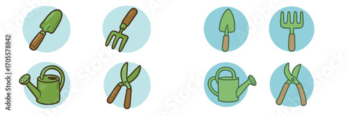 Essential gardening tools for outdoor planting and maintenance, including trowel, hand fork, watering can, and pruning shears