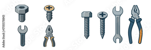 Assortment of common hand tools and hardware items including wrenches, pliers, bolts, and screws for repair and building projects