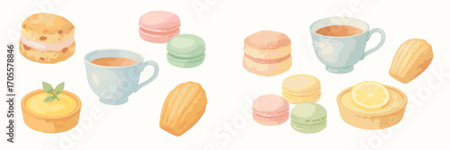 Watercolor painted French pastries and hot tea cups including macarons madeleines tarts and scones for a delightful snack