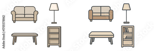 Modern minimalist living room furniture icons including sofas, floor lamps, coffee tables, and bookshelves