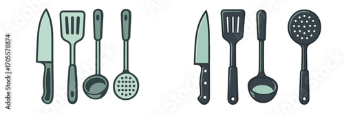 Modern kitchen cooking utensils and cutlery set featuring a sharp chef's knife, wide slotted spatula, deep soup ladle, and perforated serving spoon