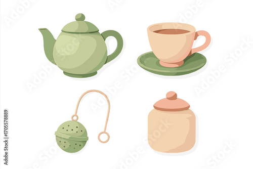 Collection of tea time essentials with teapot, teacup, infuser, and sugar bowl in soft pastel colors