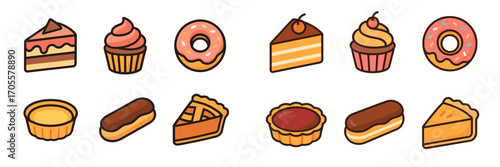 Assortment of sweet baked goods and pastries including cakes, cupcakes, donuts, eclairs, and tarts with colorful toppings