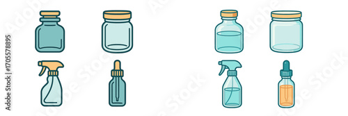 Assortment of different types of bottles and jars for medical, cosmetic, and household use applications