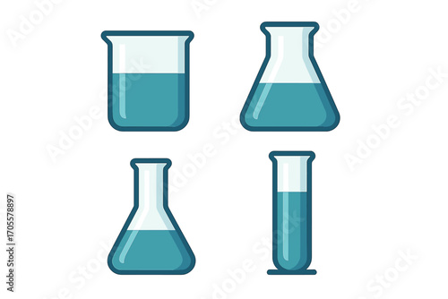 Set of laboratory glassware icons including beaker, flask, and test tube with blue liquid for science and chemistry experiments