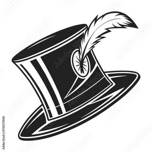 Top Hat with a Feather and a Circular Emblem on a White Background quill writing