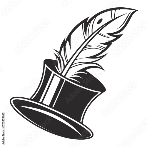 Top Hat with a Single Feather Emerging from the Top on a White Background quill writing