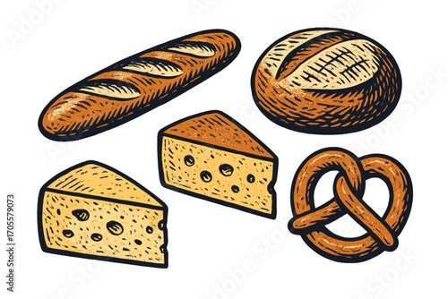Assortment of baked goods and cheese slices with pretzel