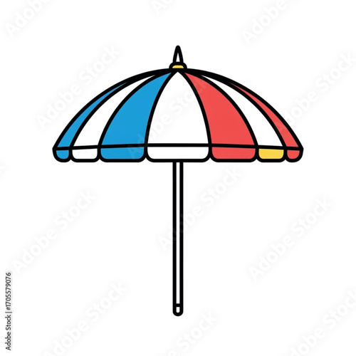 Striped Beach Umbrella With Red White Blue Sections.