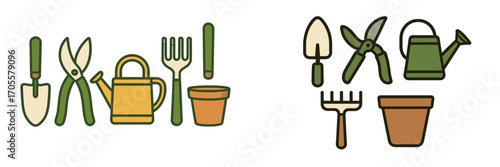 Gardening tools set: watering can, trowel, pruners, rake, and pots
