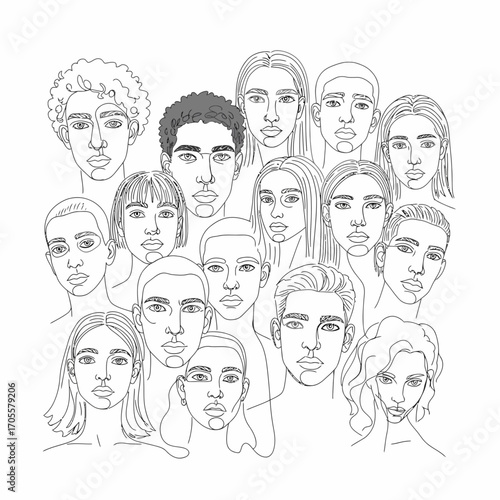 Minimalist vector illustration featuring abstract line art portraits of diverse men and women. The artwork emphasizes diversity, individuality, and modern artistic expression in a contemporary style