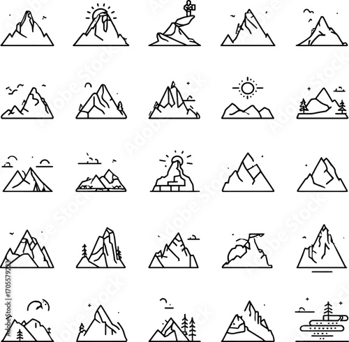 Minimalist Mountain and Nature Scene Icon Set — 5x5 Grid Featuring Stylized Landscapes, Trees, Suns, Clouds, and Meditative Figures in Black Line Art for Scenic and Symbolic Design Use