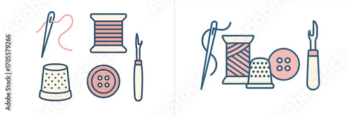 Sewing tools and notions: needle, thread, spool, button, thimble, seam ripper icons