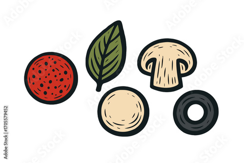 Fresh Pizza Toppings: Pepperoni, Mushroom, Basil, Cheese, Olives