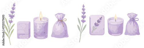 Lavender spa products with soap, candles, and sachets