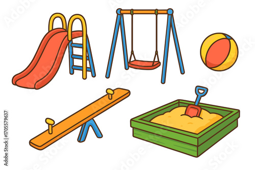 Outdoor playground equipment: slide, swing, seesaw, sandbox, and ball